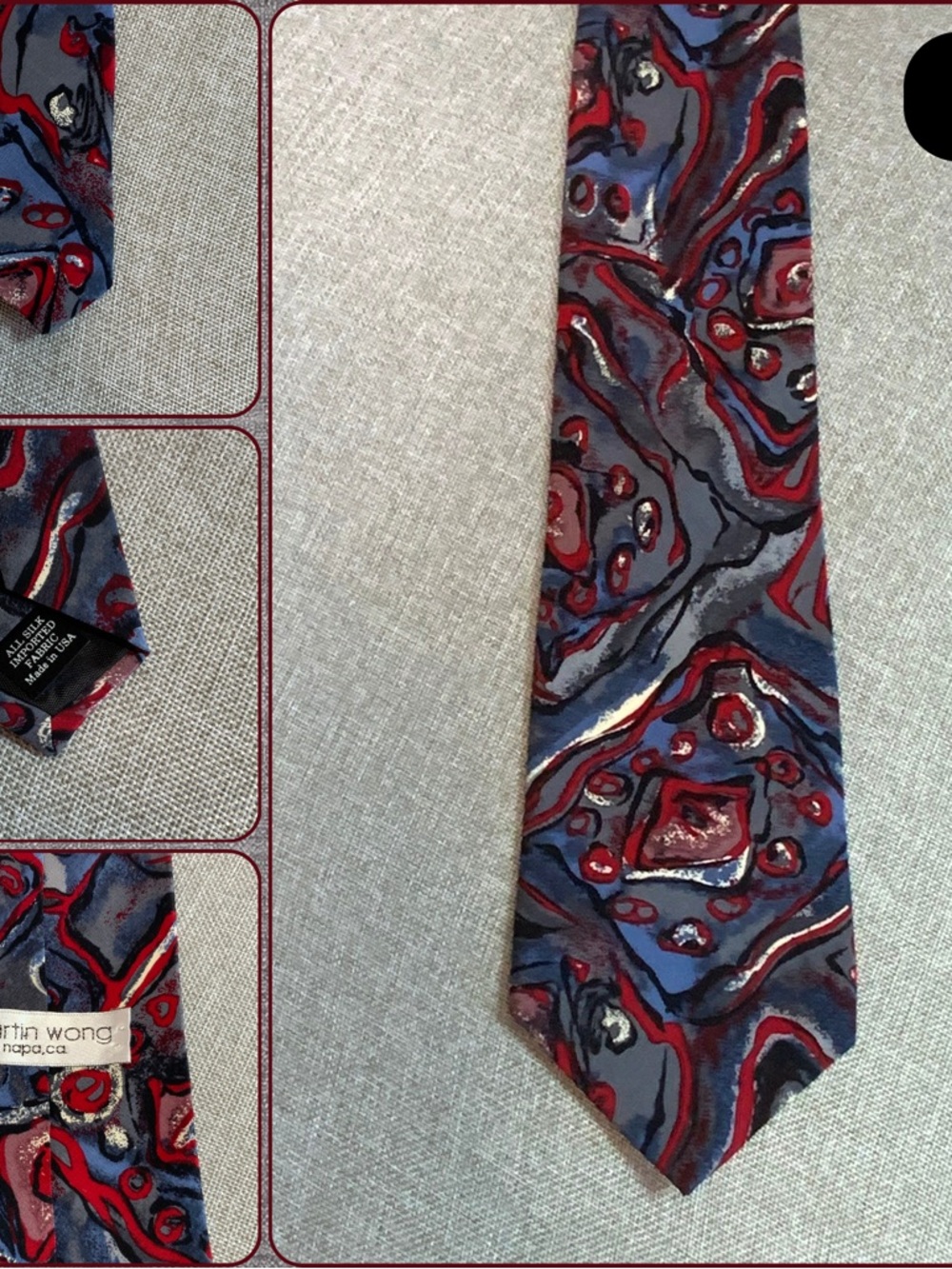 Martin Wong Abstract Silk Tie Red Blue Gray Marbled Vintage USA